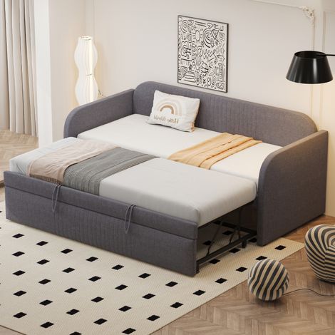 Canapé-lit extensible capitonné 90/180190 cm, à rayures verticales, avec sommier à lattes, lit multifonctionnel, tissu en lin confortable et respirant, gris (matelas non inclus) (1/5)
