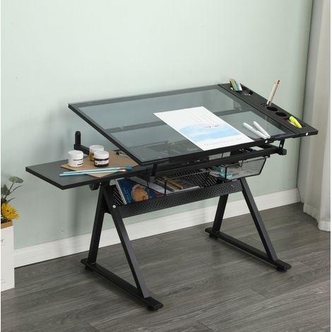 Table à dessin inclinable 90x60 cm en verre trempé noir avec tiroirs et tabouret - CHICFURN (1/5)