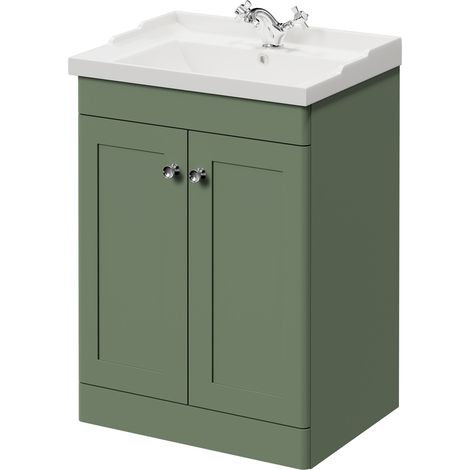 Wholesale Domestic Danbury Satin Green 600mm Floor Standing Vanity Unit with 1 Tap Hole Traditional Basin and 2 Doors with Polished Chrome Handles (1/5)
