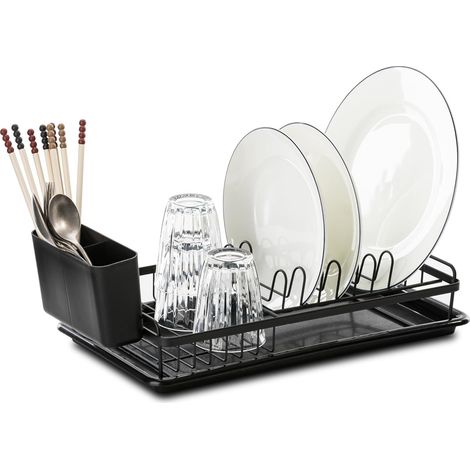 Égouttoir à Vaisselle \u2013 Compact et Peu Encombrant avec Porte-Ustensiles, Idéal pour Comptoir ou Évier Plateau Capacité Jusqu‘à 8 Assiettes, 42 x 23 cm (Noir) Noir 8cm'42 x 23 x 8cm Noir'Noir'42 x