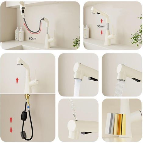 Basin taps with Pull Out Spray Brass Hot Water and Cold Water washbasin Faucet Swivel Retractable Bathroom Faucet-White (1/4)