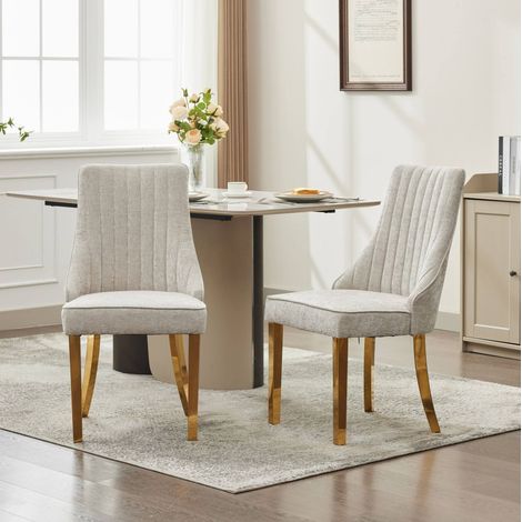 Silla de comedor beige de chenilla con respaldo alto y patas de acero inoxidable dorado,65×50×95cm (1/5)