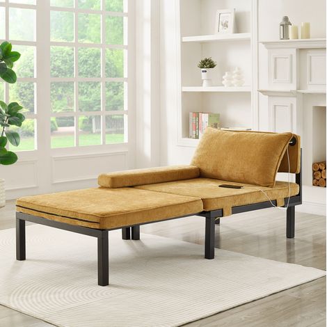 Sillón cama plegable convertible con puerto USB Tipo C, cojín, estructura de madera, terciopelo amarillo (1/5)