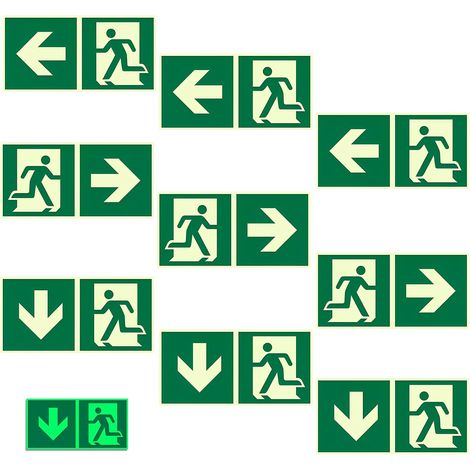 9 Stück Notausgangsschild Nachleuchtend, PVC selbstklebend 300 x 150 mm, Schild Notausgang, Reflektierende Folie aus Polyethylen, Fluchtwegschild Rettungsweg (“Links” “Rechts” “Unten”) (1/5)