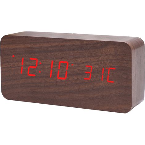 Réveil Numérique En Bois - Affichage Digital À Lumière Rouge - Pour Adulte - Alimentation Sur Piles AAA Ou USB - 1 Pièce (1/5)