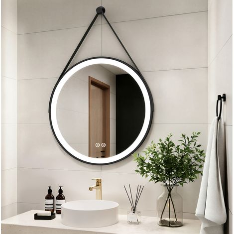 Heilmetz – Miroir Rond Lumineux Salle de bain Ø80 cm – 3 Couleurs Dimmables – Cadre noir – Sangle réglable 170 cm – Commande tactile (1/5)