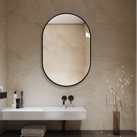 Miroir mural arqué 60x90 cm avec cadre noir en aluminium, verre HD sans cuivre (1/5)