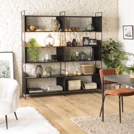 DALY - Étagère en bois 10 niches 5 niveaux noire piètement métal (1/5)