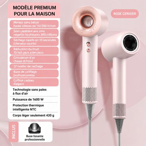 Sèche-cheveux haute vitesse ionique 1600W rose cerisier 1600w réf 0812 16 × 8,5 × 33 cm 696 g – Livraison gratuite