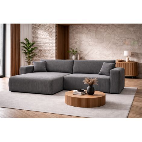 Canapé d’angle réversible GIORGIA L convertible – Velours côtelé gris, fonction couchage, grand coffre de rangement, angle universel gauche/droite