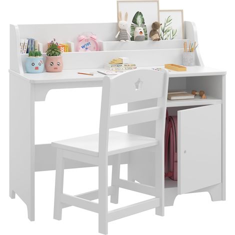 Ensemble Bureau et Chaise Enfant en Bois - Bureau d'Étude Ergonomique avec Étagère et Placard - Pour Enfants 3-8 Ans - 93x78 cm - Blanc (1/5)
