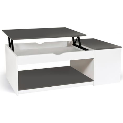 Idmarket – Table basse relevable rectangulaire avec coffre en bois blanc et gris – Dimensions 110x60x45cm – Mécanisme en acier laqué époxy