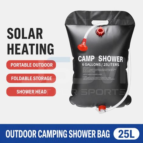 Sac de douche solaire portable de camping (25 L) avec pommeau de douche et sac de rangement d'eau pliable pour la randonnée, les voyages et le camping. (1/4)