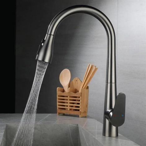 Robinet de cuisine extractible, 3 poignées, mitigeur d'évier, rotation à 360°, jet d'eau chaude et froide (1/4)