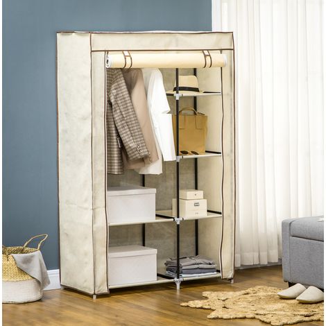 Armadio pieghevole in tessuto 103x43x162.5 cm, con 1 asta appendiabiti e 6 ripiani, struttura in acciaio, bianco crema (1/5)