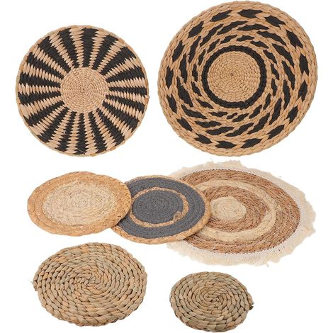 7pièces Paniers Muraux Bohèmes Ronds Paille Tressée Main Décoration Murale Rustique pour Décoration Intérieure (1/5)
