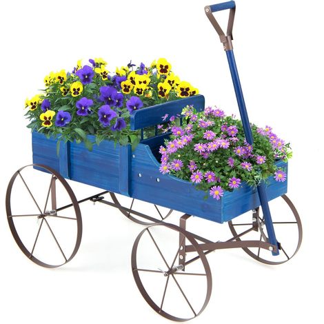 COSTWAY Wood Wagon Flower Planter Backyard Decorative Pot Stand with Wheels (1/5)
