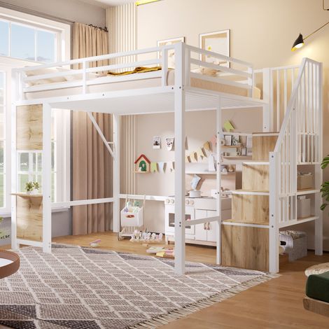 Lit mezzanine enfant 140x200 cm avec escalier de rangement, garde-corps fenêtre, étagères et espace de jeu ouvert, métal et MDF, Blanc (1/5)