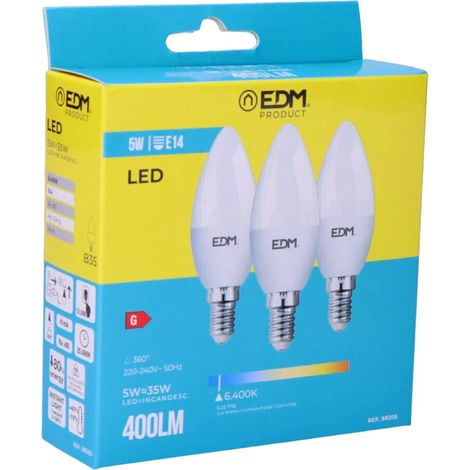 Kit 3 Bombillas LED EDM Vela E14 5W 400lm 6400K Luz Fría Ø3,6x10cm (1/5)
