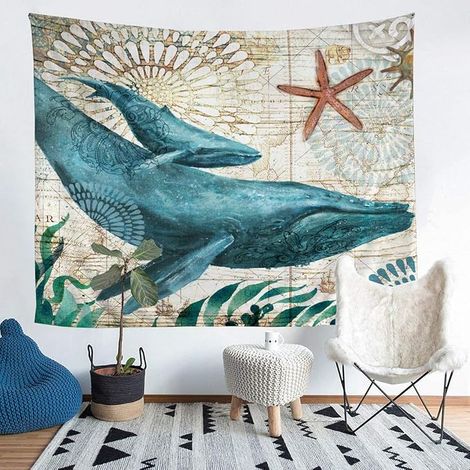 BEBUSINGOTO Kleiner Wal-Wandteppich, 3D-Wal-Druck, Wandbehang, Vintage-Wandteppich im mediterranen Ozean-Stil (130 cm × 150 cm) (1/2)
