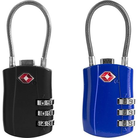 TSA Schloss Koffer Zahlenschloss 3 stellig, kleines Kabel Vorhängeschloss aus Metall, 10 cm Stahlseil für Reisegepäck, Rucksack, Spind und Handgepäck, 2er Set (1/5)