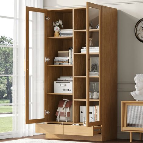 Vitrine en bois 80 x 40 x 160 cm, meuble de bureau avec étagères décalées fixes et tiroirs push-to-open sans poignée – bibliothèque, classeur et rangement pour salon et bureau (1/5)