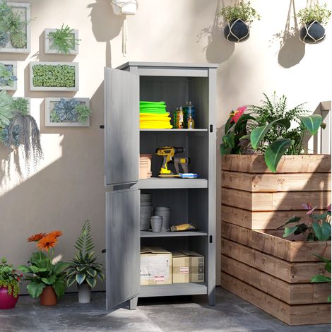Armario jardín madera con estantes y doble puerta gris OKMYHOME (1/5)