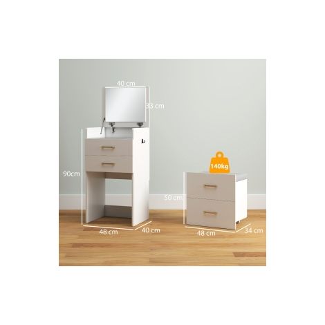 Coiffeuse 3 en 1 blanche avec miroir, table de chevet, tiroirs et tabouret à roulettes pour chambre et dressing (1/5)