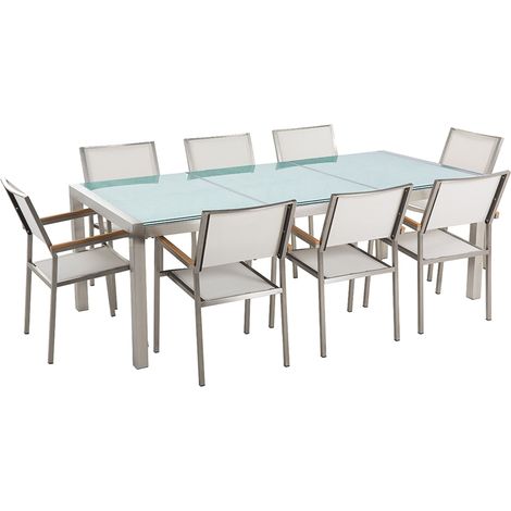 Set Giardino Tavolo Piano in Vetro Incrinato 8 Sedie Bianche 220 x 110 cm Grosseto