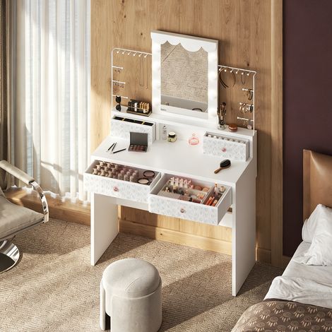 Coiffeuse avec Miroir – 3 Modes D’Éclairage – 8 Ampoules – Table de Maquillage Blanc avec 4 Tiroirs-étagère à bijoux amovible (1/5)