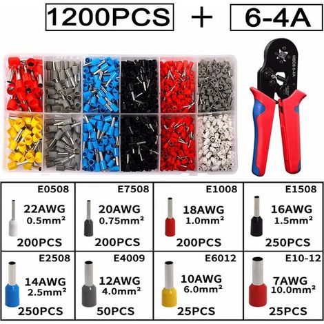 0,25-10mm² Pince a Sertir avec Cosses Electriques a Sertir 1200pcs, Pinces à Sertir AWG 23-7, Cliquet Auto-Adjuvsable, Sertissage Précis, Professionnel Outils Electricien