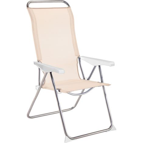 Chaise longue de terrasse pliable 5 positions WDK aluminium argenté accoudoirs intégrés beige