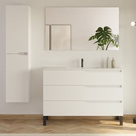 Meuble de salle de bain 120cm avec simple vasque - 3 tiroirs et colonne de rangement - blanc mat - MATA (1/5)