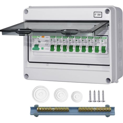 Boîte à fusibles Coffret Electrique Etanche,Boîtier de Distribution avec Rangée de Cuivre,Disjoncteurs électriques 100A CA,Sectionneur 4x10A+3x16A+2x20A CA pour Maison/Bureau (1/5)