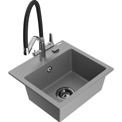 Mexen Milo évier en granit 1-bac avec robinet de cuisine Duo, gris - 6505-71-671701-07-B (1/5)