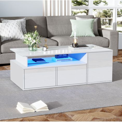 Table basse 100x50x35 cm blanche en panneaux de particules avec LED, 2 tiroirs et grand rangement (1/5)