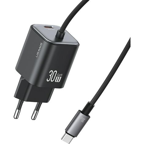 Cargador de pared USAMS GaN de 30 W con 2 puertos USB-C, color negro.