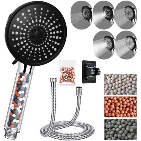 Pommeau de Duche avec tuyau 1,5M, Pommeau de Douche Economie Deau, Pommeau de Douche Anti calcaire Grand, Pommeau de Douche Haute Pression avec 5 types de jets Support noir (1/4)
