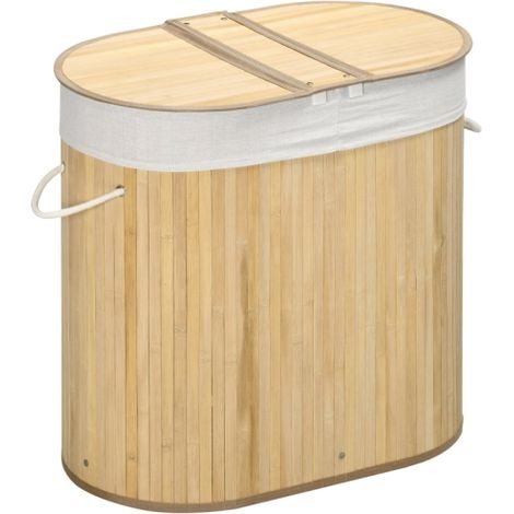 Natural Bamboo 100L Laundry Basket with Lid, 2-Section Hamper, Removable Washable Lining, Durable Washing Baskets, Dimensions 62.5 x 37 x 60.5cm
