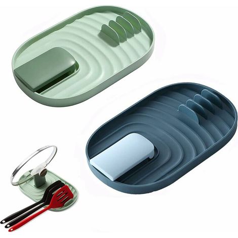 royaluxe - Couvercle de Casserole et Porte-Cuillère 2 Pièces, Étagère à Ustensiles de Cuisine, Étagère à Plateau à Cuillères, Plateau à Couverts pour Éviter les Taches de Gouttes (Bleu et Vert) (1/5)