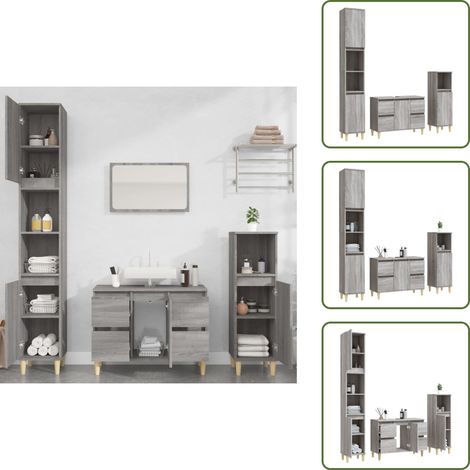 3-tlg. Badmöbel-Set Grau Sonoma Holzwerkstoff - Badmöbel-Set - Badezimmermöbel - Waschtischschrank - Graue Möbel - Eukalyptus (1/5)