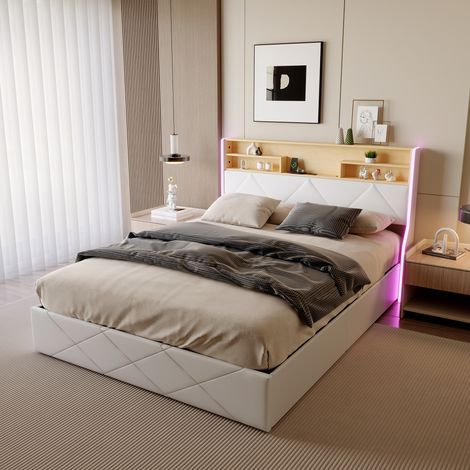 Letto per adulti 160x200 cm con rete a doghe, letto contenitore con LED e USB, struttura letto matrimoniale, tessuto in PU, 160x200 cm, bianco (1/4)