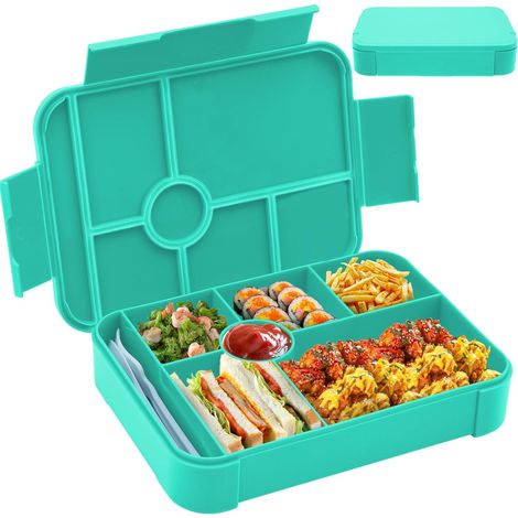 Brotdose Kinder (Grün), 1350ml, 7 Fächer, auslaufsichere Bento-Lunchbox mit Besteck, ideal für Schule, Kindergarten & Ausflüge