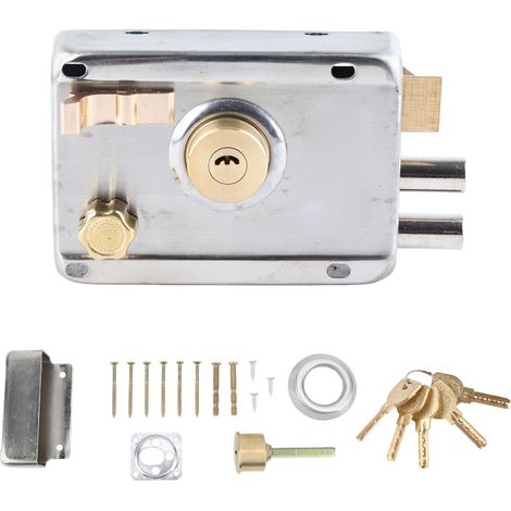 Ensemble de serrure à pêne dormant en acier inoxydable de style vintage, universelle pour porte d'entrée ou portail, avec cylindre à clé verticale. (1/5)