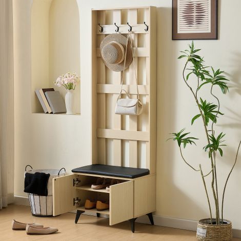 Vestiaire d’entrée avec banc rembourré, 4 crochets et meuble de rangement 2 portes, 60 x 35 x 179,5 cm, MDF, décor bois clair (1/5)