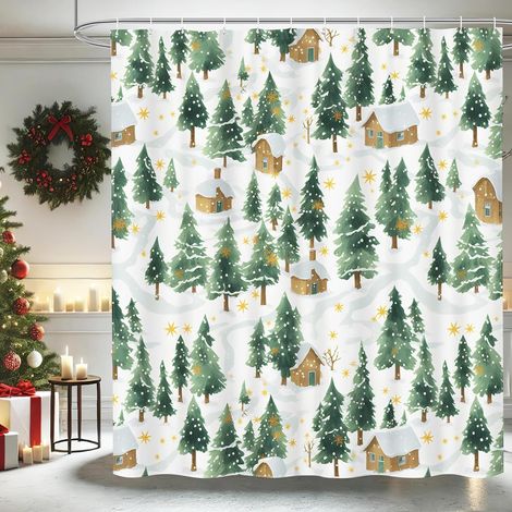 Rideau De Douche - Sapin De Noël - 152 X 183 Cm - Imprimé Festif Haute Définition - Polyester 100 % - Antidérapant Et Imperméable - 1 Pièce (1/5)