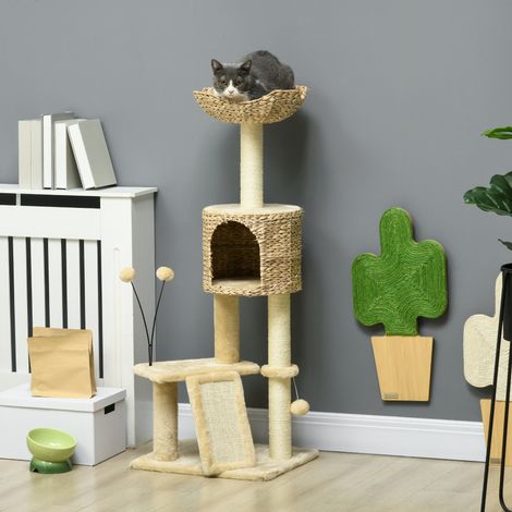 Beige - Arbre à chat hauteur 116 cm niche panier plateformes pompons en peluche et jacinthe d'eau