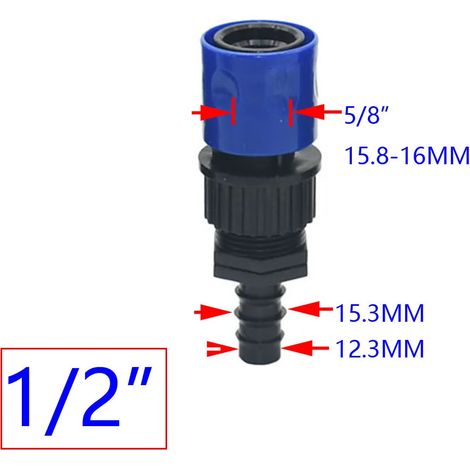 Raccord rapide pour tuyau d'arrosage (1I2 x B) : 1/4 pouce, 3/8 pouce, 1/2 pouce, 3/4 pouce, 1 pouce, 4/7 mm, 8/11 mm, 16 mm, 20 mm, 25 mm (barboteur inclus). 1 pièce. (1/5)
