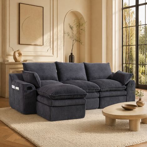 Sofá modular de 3 plazas en pana con puff, 263 x 167 x 85 cm, gris oscuro DESVIAE (1/5)