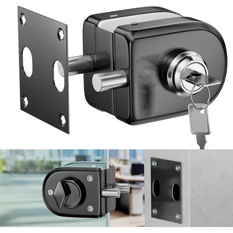 serrure en acier inoxydable 304 pour porte en verre 10–12 mm, finition noire brossée, livrée avec 2 clés, bouton rotatif intérieur, montage sans perçage ou avec vis, sécurité renforcée (1/5)